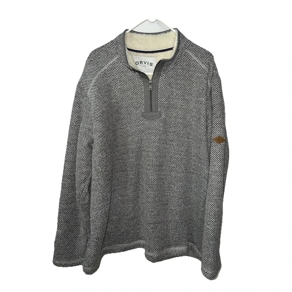 Orvis Sweater Mens XXL Gray‎ Sherpa Fleece Lined 1/4 Zip Long Sleeve Pullover